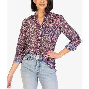 Kut From The Kloth Women's Jasmine Floral Print Chiffon Button Up Blouse Size L